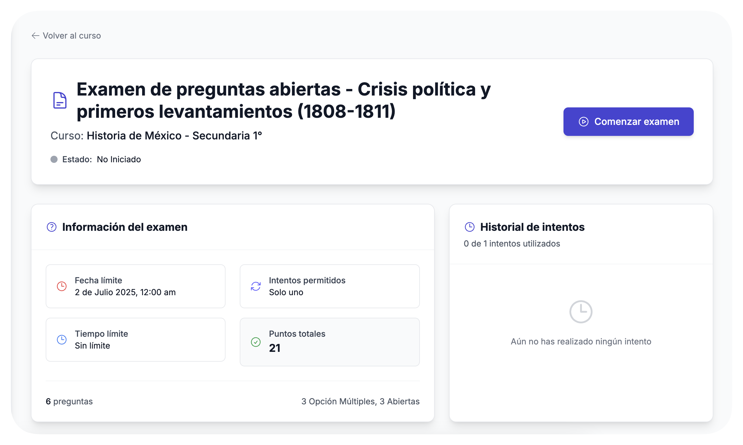Interfaz completa de configuración de exámenes